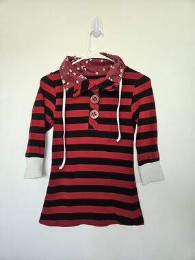 TWIK Simons Striped Cowl Neck Tunic Top XS Red Black Button Floral Accent🔥
